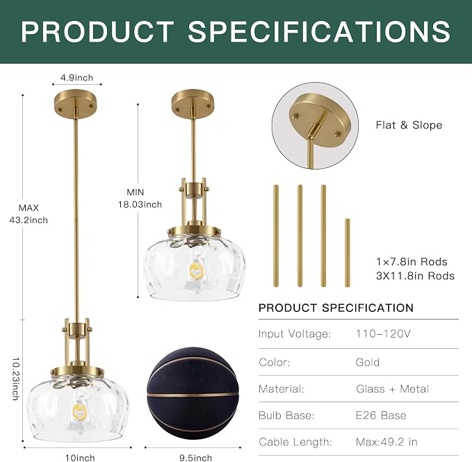 Gold Pendant Light Kitchen Island, 10 Inch, Hammered Glass Shade | Modern Farmhouse Style, For Kitchen Dining Room Bedroom, Bulb Not Included