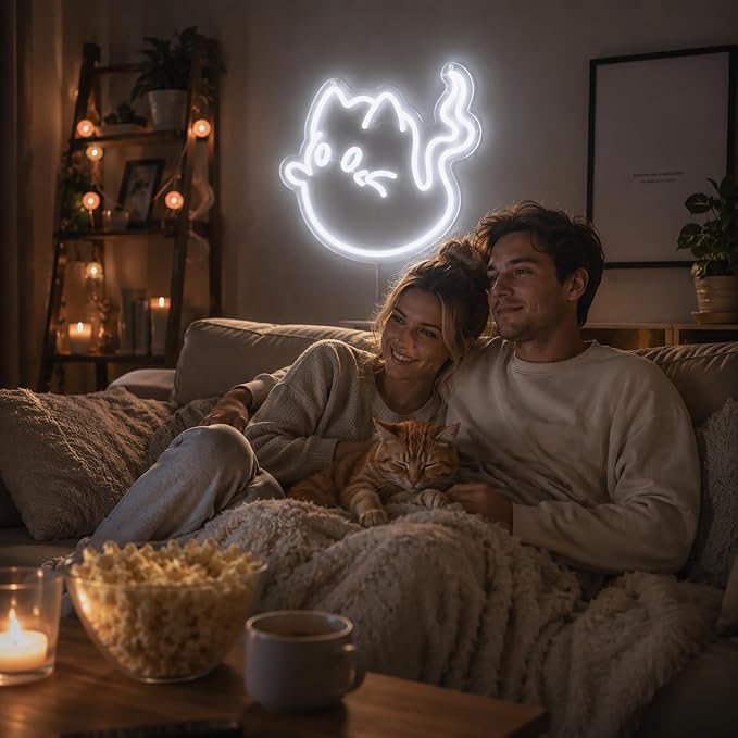 Cat Ghost Neon Sign Led Sign Neon Signs for Wall Decor Neon Lights | Cat Ghost Led Light Up Sign, White Room Decor, Boys Girls Gift, Party, Halloween Wall Decor, 5V USB Powered
