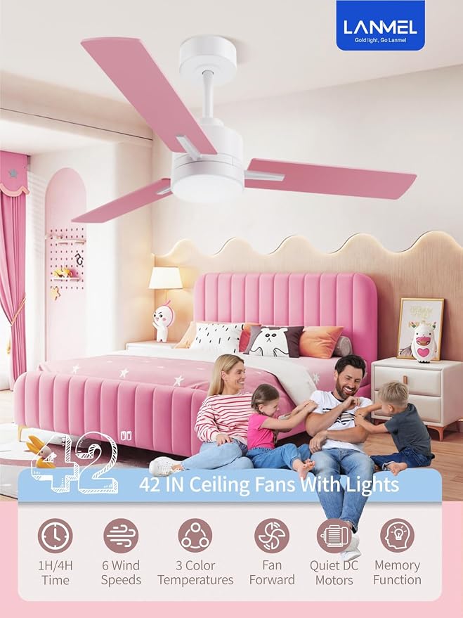 LANMEL Metal Ceiling Fan with Lights and Remote, 42 Inch, Pink & Blue | Modern Low Profile Flush Mount, Reversible, 3CCT Dimmable, Quiet, LED, For Bedroom, Living Room, Indoor/Outdoor Patio Use