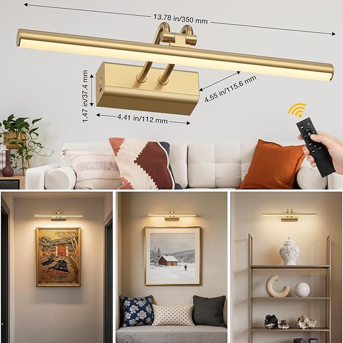 13.8'' Battery Operated Picture Light for Wall, Remote Control | 4000mAh Cordless,Gold Wall Light, Magnetic for Easy to Charge,Timers, Display for Gallery Living Room Bedroom