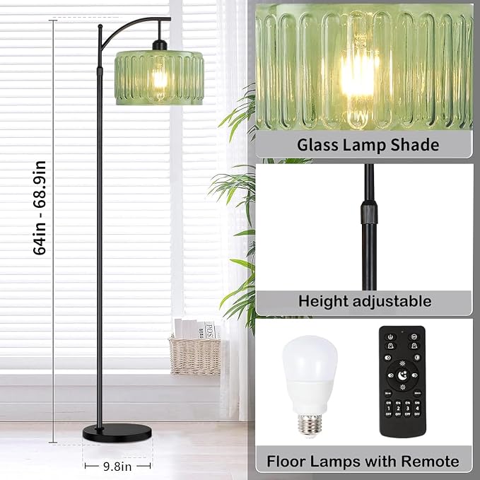 ILLMTW Black Floor Lamp for Living Room,Bedroom,Standing Lamp with Remote Dimmable Tall Lamp Vintage Retro Mid Century Modern Floor Lamps Arc Green Glass Lamp Floor Light Boho Bohemian