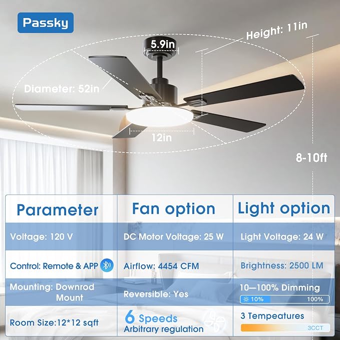 Passky Ceiling Fans with Lights, 52 inch Sleek Ceiling Fan with Light and Remote Control, 3CCT, Dimmable, Reversible, Noiseless, Black Ceiling Fan for Bedroom, Living Room | 3-color dimmable light, quiet reversible DC motor, easy install, memory, Timer...