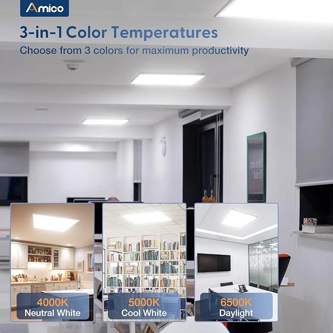 Amico 12 Pack 2x2 LED Flat Panel Light 5000LM Adjustable, 0-10V Dimmable Troffer LED Drop Ceiling Light Fixtures, 4000K/5000K/6500K Selectable for Office - Dustproof ETL Listed, FCC, DLC