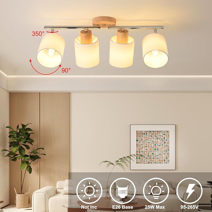 4-Light Track Lighting Kit Wooden Ceiling Spotlight Fabric Shades Rotatable | Rotatable Heads, E26 Socket, Modern LED Track Light Fixture Design, Ceiling & Wall Mount, Kitchen & Living Room Use, No Bulb