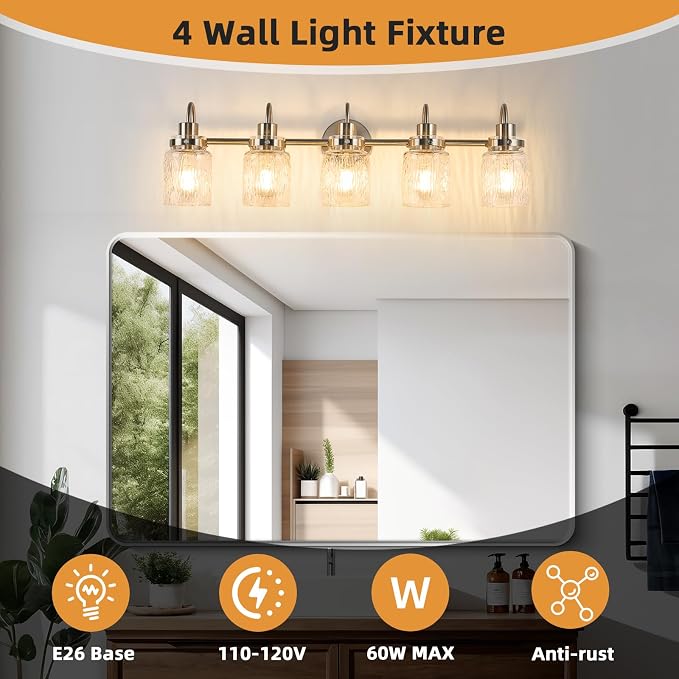 5 Lights Hammered Glass Bathroom Vanity Light,Brushed Nickel | Easy Installation,Up or Down,Farmhouse Modern Style,E26 Socket,ETL Certification