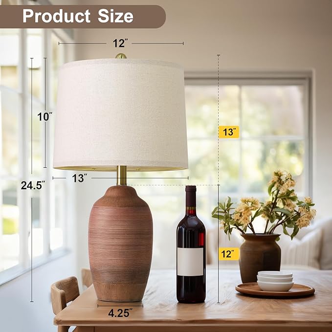 24.5" Reddish-Brown Handcrafted Ceramic Table Lamp with 5FT Cord,Single Farmhouse Vintage Rustic Lamp with Linen Drum Shade, Earth Tone Bedside Lamp for Bedroom Living Room Entryway,Bulb Not Included