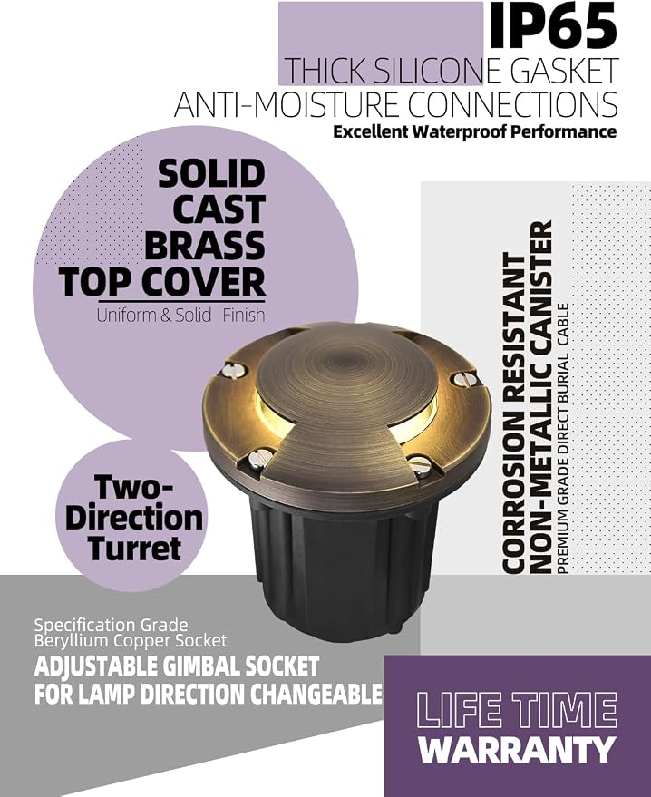 MALORY Brass Top Cover Landscape Well Lights,(φ126 mm) 12V Low Voltage Outdoor In Ground Lights,Landscape Lighting for Pathway, Driveway and Garden (Two-Direction Turret, 1-Pack with Bulb)