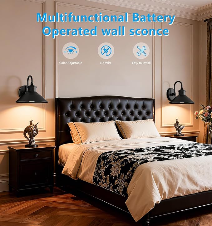 JOESA Battery Operated Wall Sconce Set of 2, Black Vintage Wireless Industrial Cordless Battery Powered Wall Sconces, for Bedroom Farmhouse Gallery