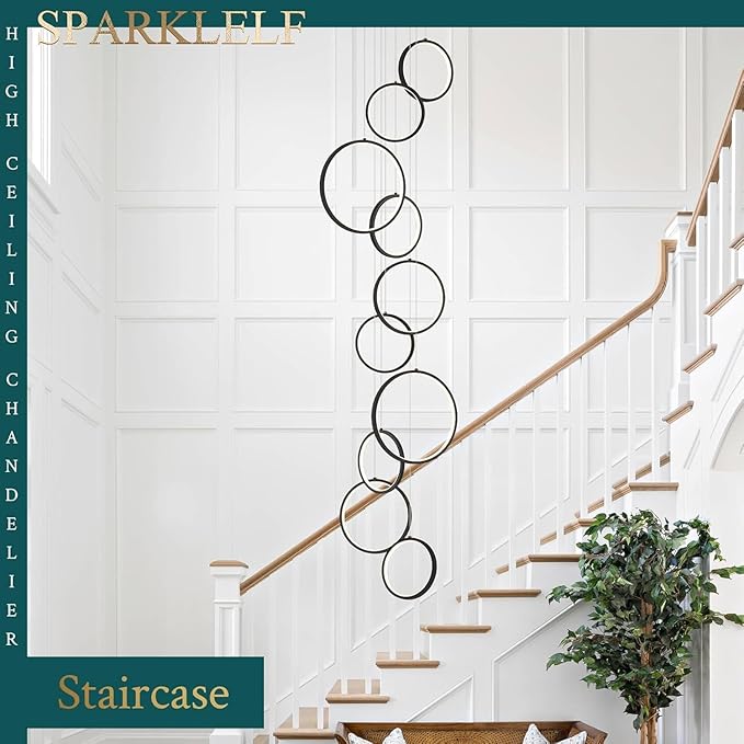 10 Rings Modern LED Chandelier for High Ceiling Dimmable Black Contemporary Pendant Light Fixture Long Foyer Chandelier for Entryway Staircase Dining Room Living Room, 3000-6500K