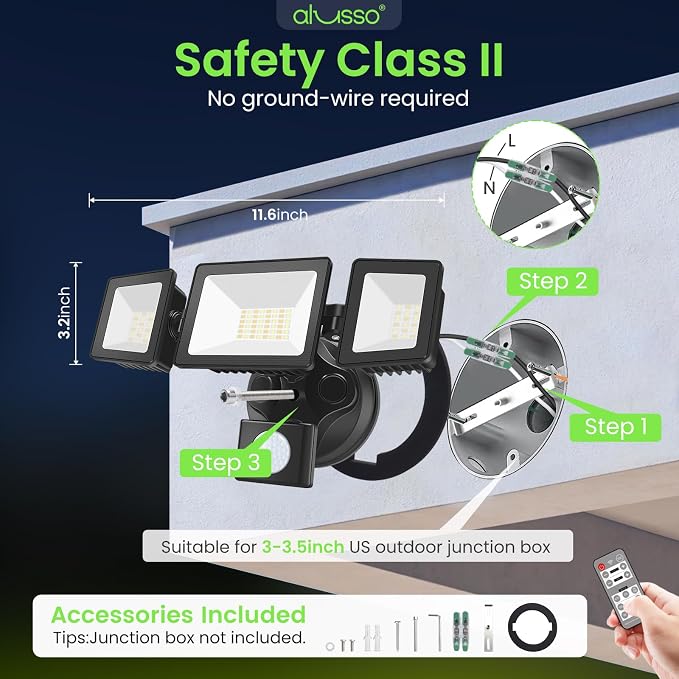 LED Security Lights Motion Sensor, 36W 3000LM Flood Lights Outdoor Motion Sensor with Remote, Dimmable Brightness 3000K-6000K CCT IP65 3 Heads Outdoor Security Light for House Garage Yard 1 Pack