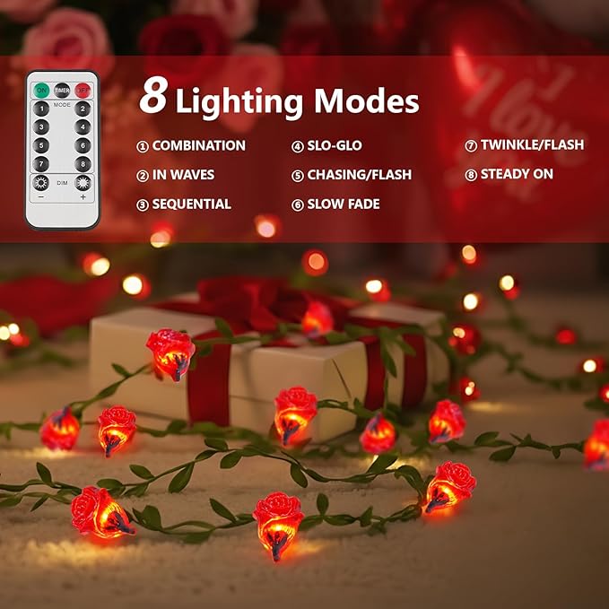 suddus 40 LED Fairy Lights Battery Powered,12.5ft Red Rose Flower String Lights with Remote,Valentine Lights for Wedding,Party,Bedroom,Porch,Table,Stairs,Dorm Decor