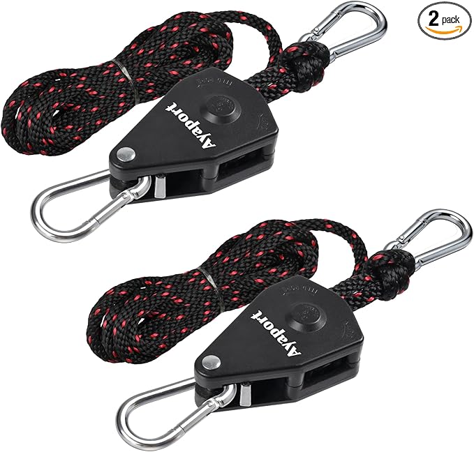 Ayaport Adjustable Rope Hanger Grow Light Hanger, 14Ft 3/8" Heavy Duty Plant Pulley Rope Tightener Ratchet Tie Down for Kayak, Tent Tie Downs, 2 Pack