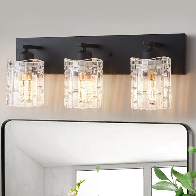3 Lights Matte Black Crystal Bathroom Vanity Light,Modern Bathroom Wall Light,Crystal Over Mirror Light Fixtures for Living Room, Bedroom, Hallway