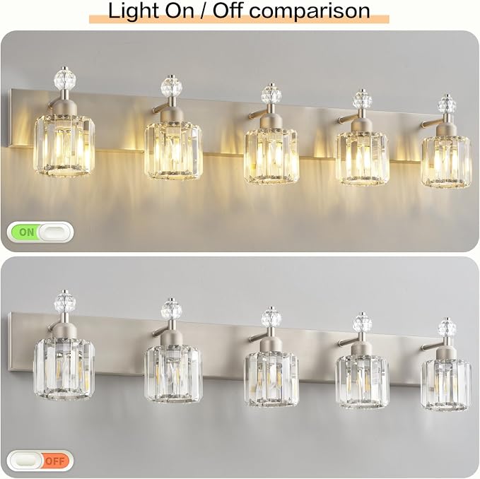 PRESDE Modern Crystal 5-Light Bathroom Light Fixtures Brushed Nickel Vanity Light for Bath Wall Lighting Over Mirror