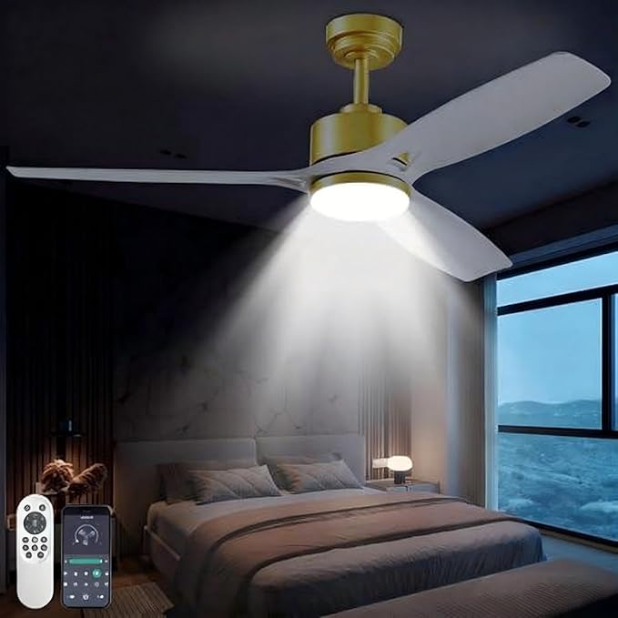 52 Inch Ceiling Fans with Lights and Remote Control - Outdoor Indoor Flush Mount Low Profile White Gold Ceiling Fans for Living Room,Bedroom,Patio