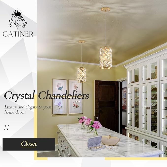 CATINER Gold Crystal Pendant Light, Mini Crystal Chandelier, Kitchen Island | Gold crystal pendant light with adjustable cord, E26 socket, dimmable, ideal for kitchen islands, bedrooms and bars