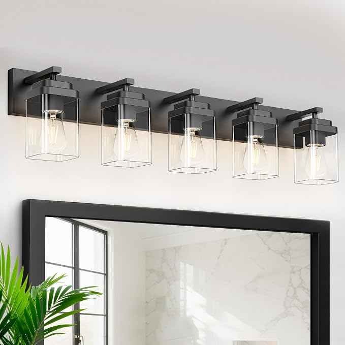 Black Bathroom Light Fixtures, 5 Lights Bathroom Lighting Fixtures Over Mirror, Square Design & Rectangle Large Backplate, Modern Vanity Lighting Fixtures, for Bathroom/Living Room/Bedroom