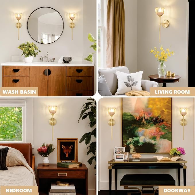 Vintage Battery Operated Wall Sconce Set of 2, Amber Tulip Glass Lampshade Wireless 5300 mAh Rechargeable Battery Powered LED Wall Light with Remote Dimmable for Bedroom Bathroom Living Room