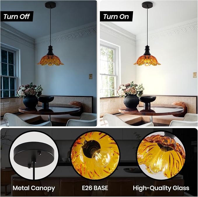 Orange Pendant Light, Vintage Pendant Lighting with Flower Glass Shade, Farmhouse Pendant Light Fixture for Kitchen Island, Kitchen Sink, Living Room, Dining Room, Foyer