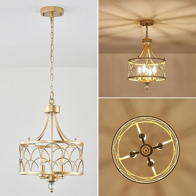 4-Light Gold Chandelier,12.6in Farmhouse Lantern Pendant Light Fixture,Adjustable Hanging Ceiling Lamp with E12 Socket,for Kitchen Island,Bedroom,Entryway,Dining Room