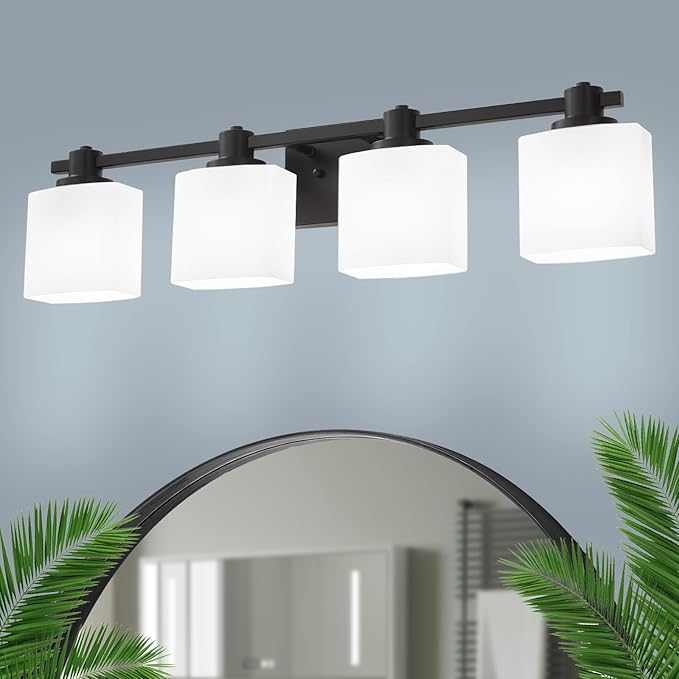 32 Inch Matte Black Bathroom Light Fixtures Over Mirror 4 Light Bathroom Vanity Light Milk Glass Makeup Shower Lamp Small Farmhouse Wall Sconce Modern Desk Vintage Rustic Bath Sink Lighting