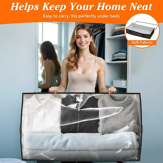 90L Under Bed Storage Containers, Storage Bags, Organizers, 8-Pack, Black | Foldable, Soft Fabric, Closet Organizers, Reinforced Handle, Label Holder, Clear Window, for Comforters, Clothing, Blankets