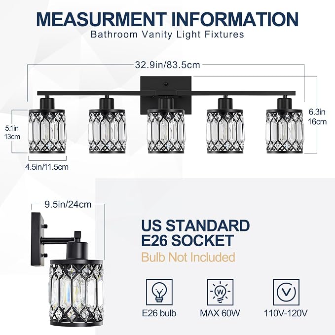 Crystal Modern Bathroom Light Fixtures, 5-Light Black Bathroom Vanity Wall Light, Vanity Lights for Mirror, Restroom, Bedroom (E26 Socket, Bulbs Not Included)