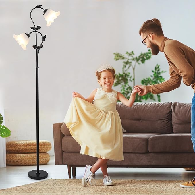 HMVPL Black Floor Lamp for Living Room, Flower Standing Lamp with 2 LED 5W Blubs, Foot Switch, Floral Tall Lamp with Acrylic Shade, Antique Lotus Flower Floor Lamp for Living Room Office Reading