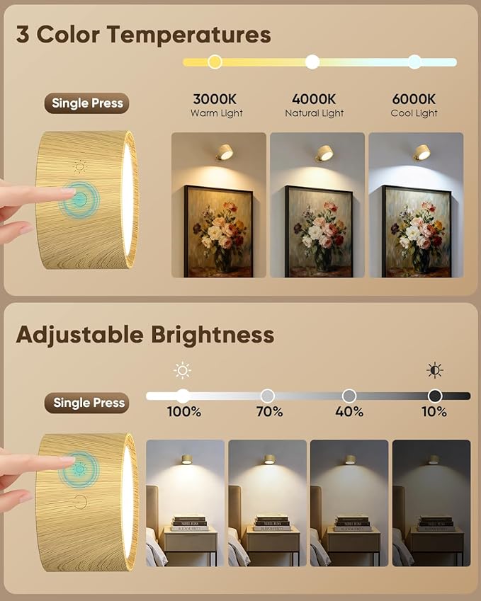 LED Wall Mounted Lights 2 Pcs with Remote, Rechargeable Wall Sconce with 3 Color Temps & Dimmable Magnetic 360° Rotation Cordless Light for Bedroom Reading Bedside (Wood, 2 Pack)