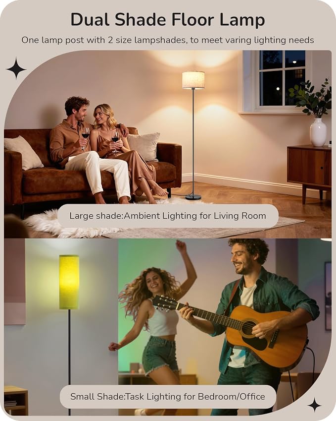 EDISHINE 2 Lampshades Modern Floor Lamps for Living Room Green | 63.7", Remote Control, Foot Switch, 2700-6000K Dimmable, 9W Bulb Included, Minimalist Standing Lamp for Bedroom, Office