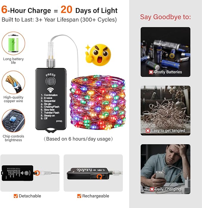 ZSJWL Rechargeable Fairy Lights with Remote，66ft 200 LED Outdoor Battery String Lights with DIY Timer & Light Sensor, Waterproof Dimmable Twinkle Light for Tree Christmas Indoor, Multicolor