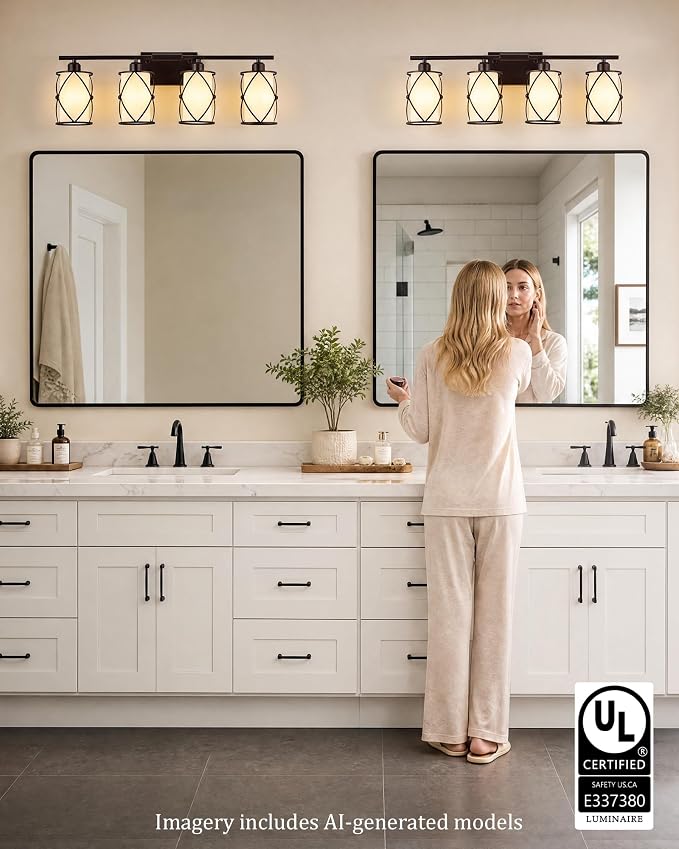 4-Light Oil Rubbed Bronze Bathroom Light Fixtures Over Mirror, 29" UL-Listed Modern Farmhouse Wall Sconce Lights with Milk White Frosted Glass and Metal Cage for Bath, E26, CH9176ORBW-4W