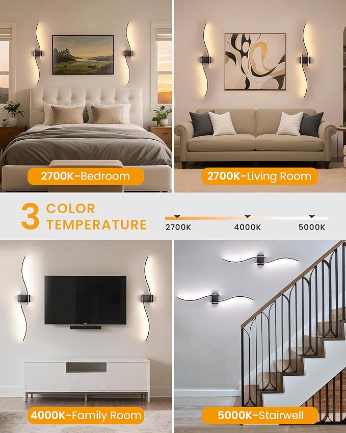 39.4 Inch Battery Operated Wall Sconce Set of 2, Black Modern Rechargeable Wall Lights with Remote, 3CCT Dimmable Wireless Wall Lamp for Living Room Bedroom Hallway