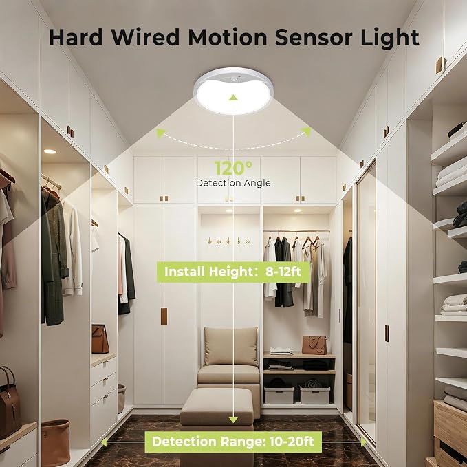 hepside Motion Sensor Ceiling Light Wired, 3000K/4000K/6500K LED Flush Mount Ceiling Light Fixture, 12Inch 24W Motion Sensor Light with Timer for Closet Stair Porch Hallway Pantry,White