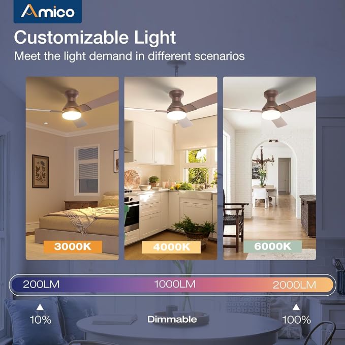 Amico 52 Inch Brown Low Profile Ceiling Fans with Lights and Remote | Flush mount, 3-color dimmable light, quiet reversible DC motor, easy install, memory, timer, bedroom, covered outdoor areas