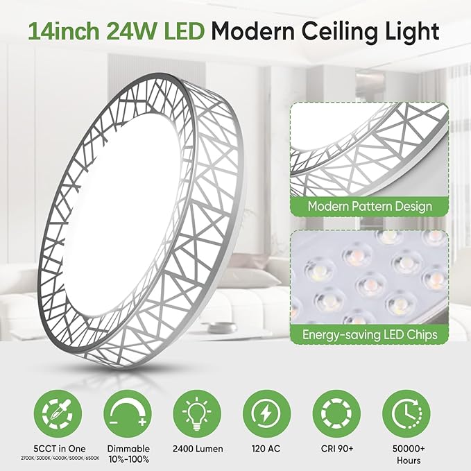 14 Inch Flush Mount Ceiling Light, Modern Brushed Nickel LED Ceiling Light Fixture, 24W 2400LM 2700-6500K Adjustable, Dimmable Ceiling Lights for Bedroom, Kitchen, Hallway, Bathroom, ETL