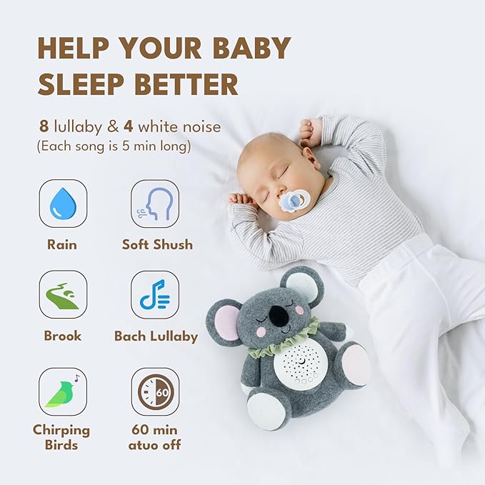 Baby Sleep Soother Bedtime Koala with Night Light Star Projector, Soft Cotton Stuffed Animal Toys for Boys Girls, Lullaby Music, White Noise for Newborn Shower Gifts