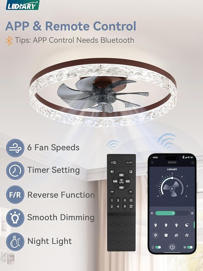 LEDIARY 20" Modern Ceiling Fans with Lights and Remote, Dimmable Low Profile Ceiling Fan, Flush Mount Ceiling Fan, Stepless Color Temperature Change and 6 Speeds - Brown | Fandelier, Dimmable Low Profile, Flush Mount, Stepless Color Temperature Change,...