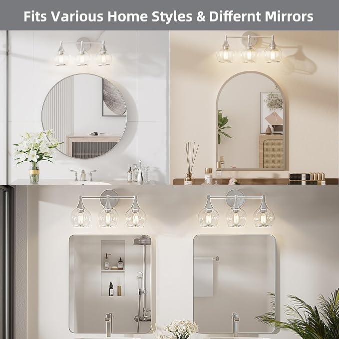 PAIHOME 3-Light Brushed Nickel Bathroom Vanity Light Fixtures Over Mirror | Brushed Nickel, Anti-rust, UL-Certified, Elegant Globe Glass Shade, Modern Vintage, Easy to Install,Wall Decor Light