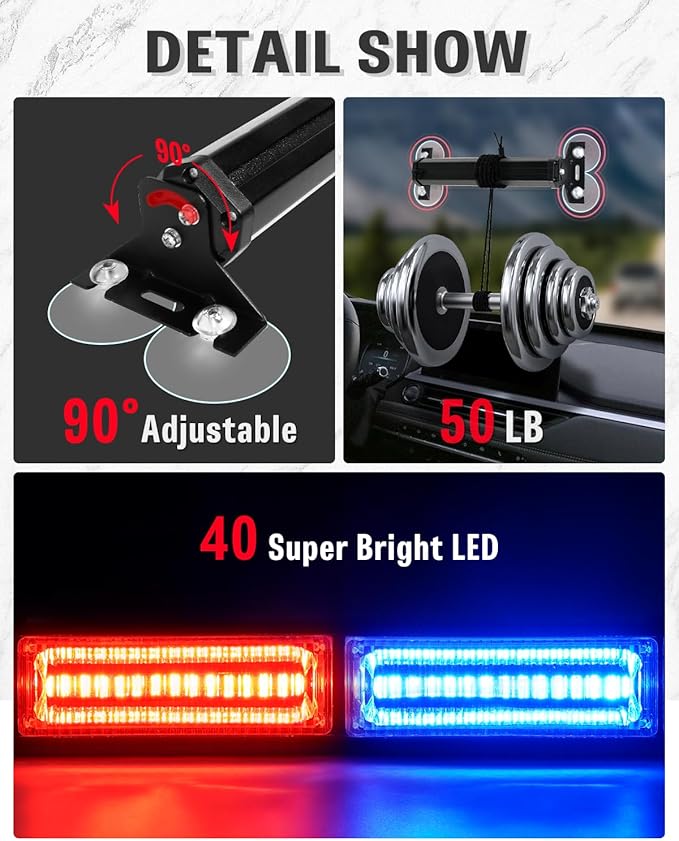 HLauto 1002L Emergency Strobe Traffic Advisor Light Bar: 40 LED Dash Safety Warning Flashing Light, Front/Rear Windshield Visor Lights for Construction Vehicle, Tow/Plow Truck (2x10.7inch, Red Blue)