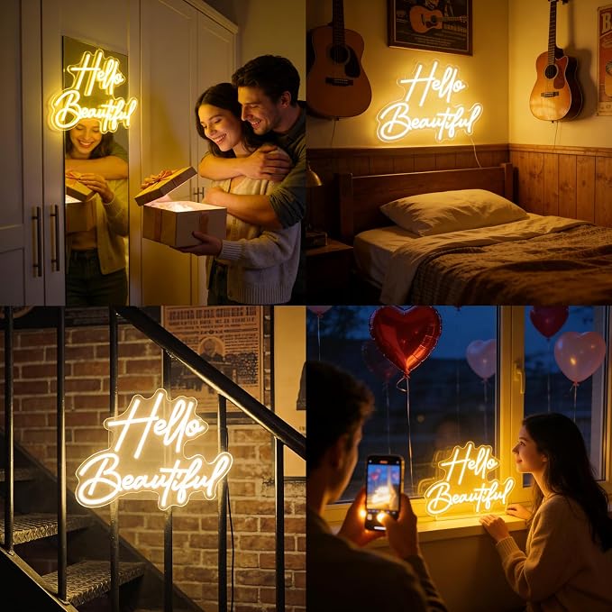 Hello Beautiful Neon Sign for Wall Decor, Warm White LED Neon Light | Dimmable Gorgeous Girl Neon Light for Bedroom Salon Wedding Party Boutique Lash Room Beauty Room Wall Decor Gifts for Girls
