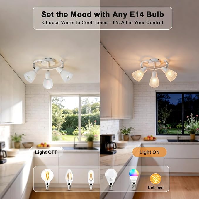 HiBay 3-Light Track Lighting, Modern Glass Ceiling Light Fixture White | Directional Flush Mount Spotlight Round for Kitchen, Bedroom, Living Room, E12 Base, Bulbs Not Included