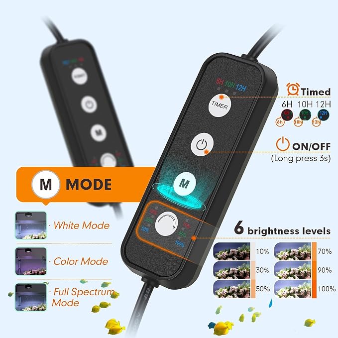 AQQA Clip-On Aquarium Light, Full Spectrum LED Fish Tank Stream Light | with 3 Modes (White/RGB/Full Spectrum), Timer & 6 Brightness Levels, Adjustable Clamp for Freshwater Plants Fish Tanks