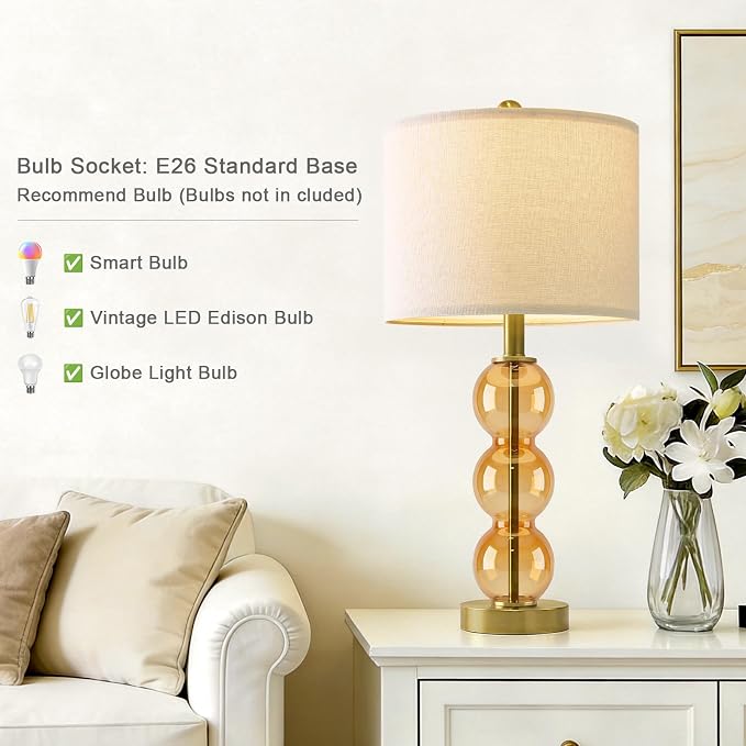 25" Amber Glass Table Lamps for Living Room, Glass Modern Table Lamp Set of 2, USB Charging Ports, Linen Shade, Bedside Lamps for Bedroom, Nightstand, Side Table (Bulbs not Included)