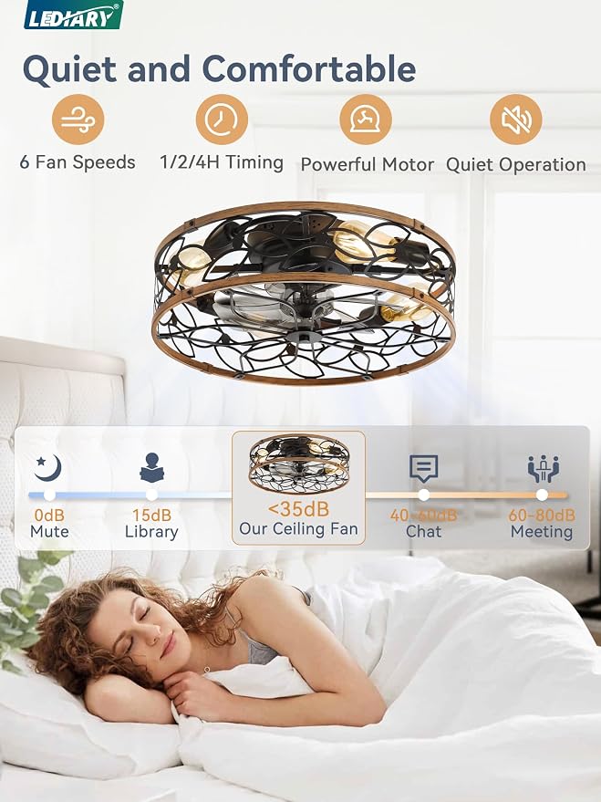 LEDIARY 20" Caged Ceiling Fan with Light, Flush Mount Fandalier with Remote | Low Profile, Farmhouse Small, Bladeless Industrial, Quiet DC Motor, App Control for Bedroom, Kitchen, Dining Room, Walnut
