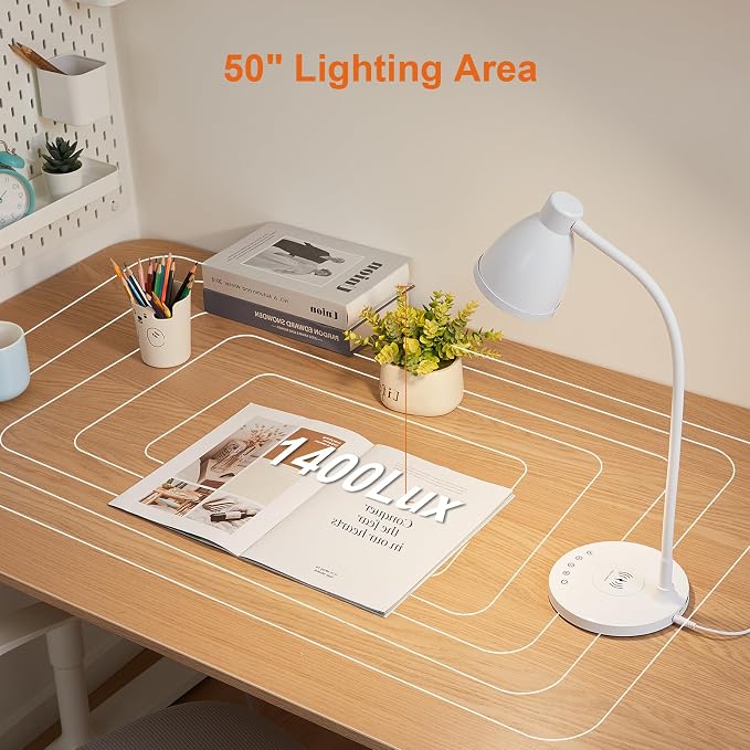 BOHON LED Desk Lamp for Home Office with USB C Charging Wireless Charger | 5 Colors, Stepless Dimming Desk Light Timer Reading Light Touch Bedside Table Lamp for College Dorm Room