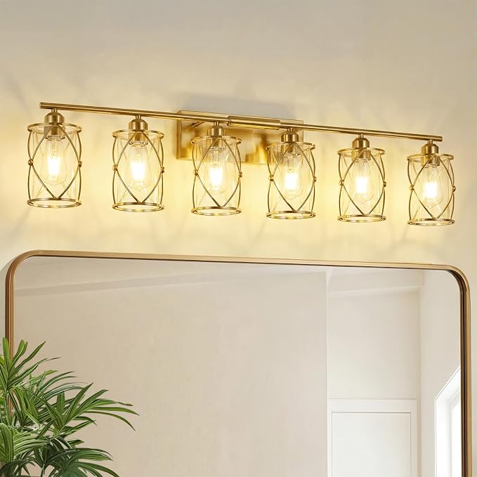 6-Light Brushed Gold Bathroom Light Fixtures Over Mirror, 42" UL-Listed Modern Wall Sconce Lights with Clear Glass and Metal Cage for Bath, Hardwire E26, CH9176BG-6W