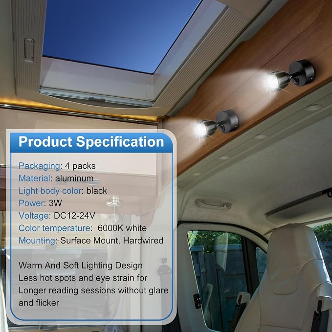 4 Pieces DC12V- 24V RV Lights Interior Reading Lamp Rotatable LED Bedside Lamp 3W RV LED Spotlight for Boats, Trailers, Vans and Motorhomes (Black, White Light 6000K)
