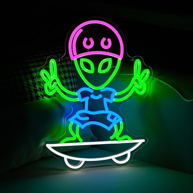 Skateboarding Aliens Neon Sign Aliens Led Neon Light for Wall Decor USB Cool Aliens Light Sign for Game Room Bedroom Man Cave Art Wall Decor(16.5”*12.6”)