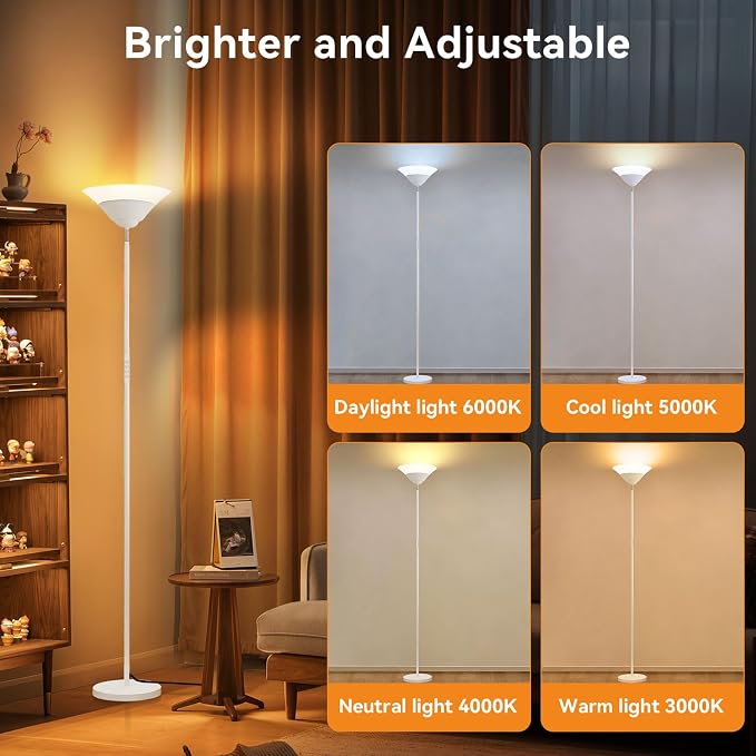 Torchiere Floor Lamp, 30W Dimmable LED Standing Lamp with Remote/Button Control, 1800Lm, 3000-6500K, 72in Bright Standing Pole Light for Living Room Bedroom Office Corner, White